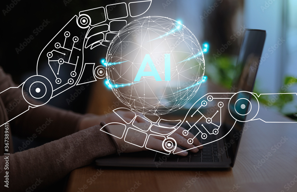 Poster virtual cyborg hands holding sphere with ai text over workplace