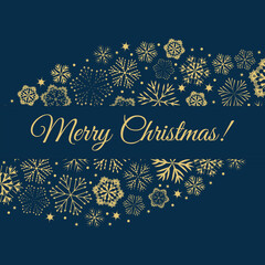 Christmas background with golden snowflakes and `Merry Christmas` text on dark blue background. For Xmas, New Year, winter holiday design