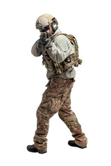 American soldier in military equipment with a rifle attacks on a white background, a commando with weapons in uniform, a ranger in action