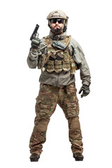 soldier in military equipment with a gun on a white background, a commando in uniform with a gun to aim and attack