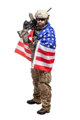 American soldier in uniform with usa flag on a white background, commando with weapons hero of america