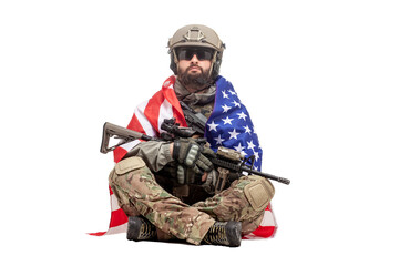 american soldier in uniform with usa flag sits on white background, ranger with military ammunition, hero of america