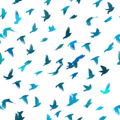 Bird watercolor. A flock of colorful birds. Seamless background. Mixed media. Vector illustration