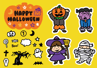 ハロウィンの仮装をした子供とシンプルなイラストセット①