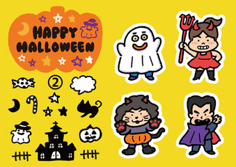 ハロウィンの仮装をした子供とシンプルなイラストセット②