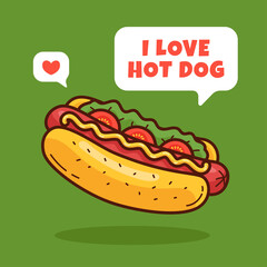 I love hot dog, vector doodle illustration