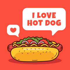 I love hot dog, vector doodle illustration