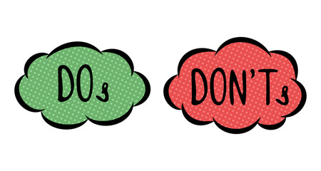 Do and Don't cute icons, vector elements in comic book style in speech bubbles, used to indicate rules of conduct or response versions.