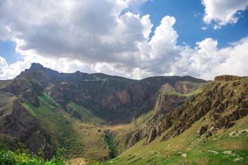Naklejka premium Beautiful landscape in the mountains at summer in daytime. Mountains at the sunset time. Azerbaijan, Caucasus. Khinalig