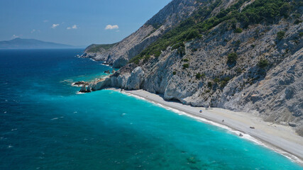 Fototapeta premium Aerial drone photo of Lalaria beach, one of the most beautiful in Greece and one that made Skiathos island famous with arch like rock formation, Sporades islands