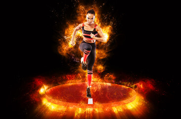 Runner concept. A strong athletic, women sprinter, running wearing in the sportswear, fitness and...