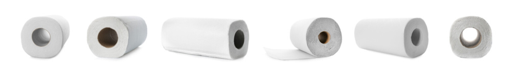 Set with rolls of paper tissues isolated on white, banner design