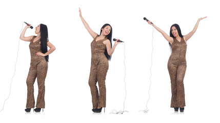 Obraz na płótnie Canvas Woman singer with microphone on white