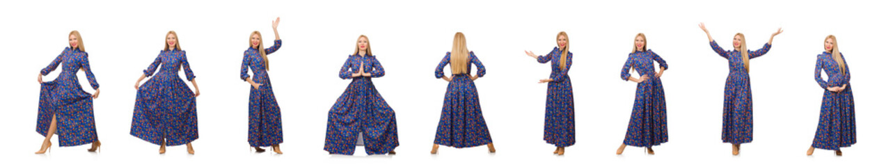 Young woman in blue floral dress isolated on white