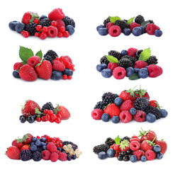Set of different mixed berries on white background