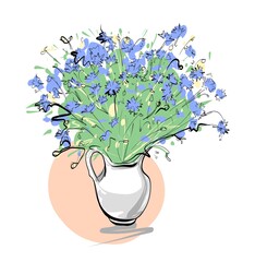 White vase with flowers, blue cornflowers. Illustration vector. Isolated, the background changes.