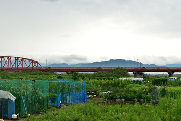Image of Riverside fields, red iron bridge and mountains