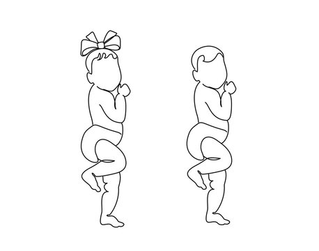 Line drawing cute baby girl with bow and boy.