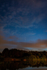 Evening landscape: first stars and a comet Neowise over a forest lake just after sunset. Long exposure night landscape. 