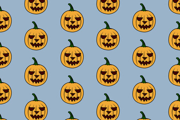 Happy Halloween seamless pattern background with orange pumpkin on light blue trendy color, good for wrapping paper and fabric print. 