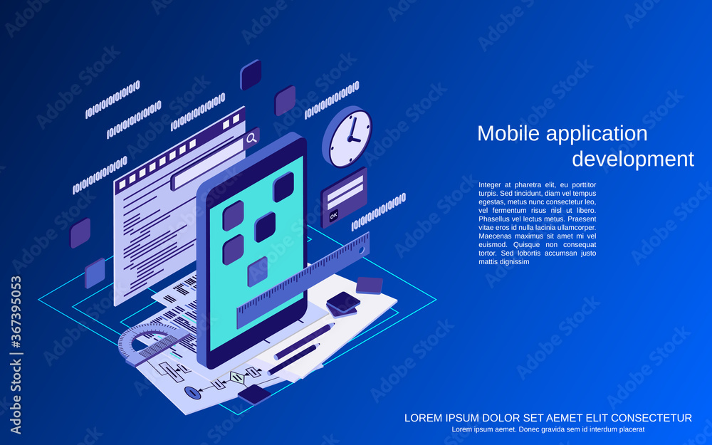 Fototapete mobile application development, program coding flat 3d isometric vector concept illustration
