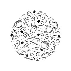 Hand drawn set of Asian food elements, wok, ramen, noodle, soy. Doodle sketch style. Asian food element drawn by digital pen. Vector illustration for menu, frame, recipe design.