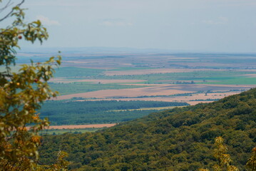Landscape with fields, mountains and forests
