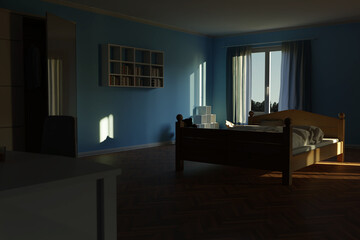 3d rendering of bedroom with wooden bed early in the morning