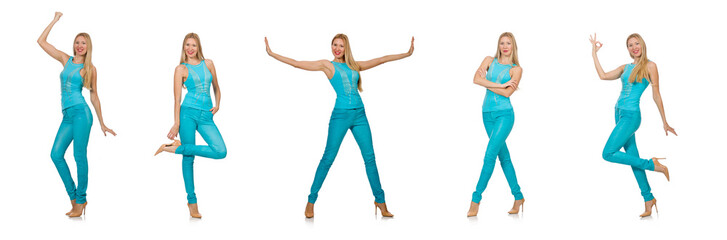 Beautiful girl in blue clothing isolated on white