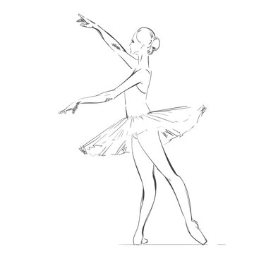 A Young Ballerina. Freehand Drawing of a Ballet Dancer Girl. Vector Illustration of a Dancing Woman. Monochrome Sketch of a Dancing Jump. Classical Choreography Style. Young Lady. Realistic Style.