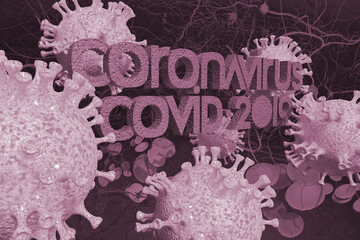 Background concept for news about the novel coronavirus COVID-19 pandemic. Microscope virus and lettering close up, 3d rendering.