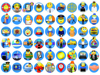 Set of colorful icons and smileys on the topic of delivery, transportation and shipping