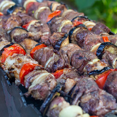 Skewers uncooked in nature on skewers in the open air. shashlyk