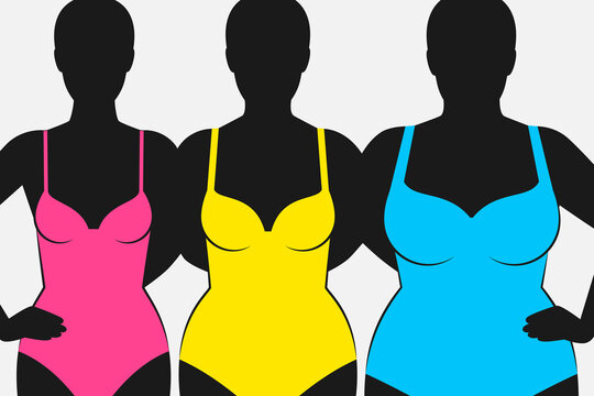 Silhouettes of different female figures and colored swimwear