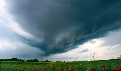 Tornado atmospheric whirlwind in a cumulonimbus thundercloud