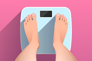 Top view of feet of woman standing on bathroom scales - obrazy, fototapety, plakaty