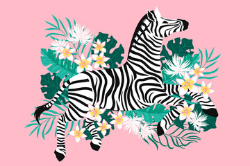 Wild zebra with exotic tropical flower background. Suitable for fashion print design