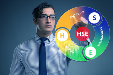 HSE concept with businessman pressing virtual button