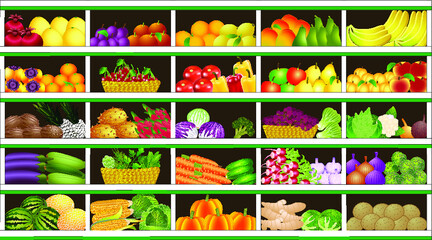 Collage of fresh fruits and vegetables on shelves, vector illustration