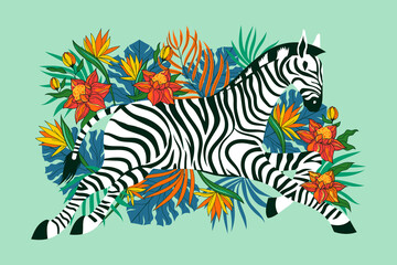 Fototapeta na wymiar Wild zebra with exotic tropical flower background. Suitable for fashion print design