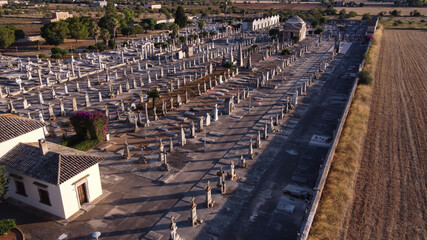 Aerial view of a cementery with cross sculptures