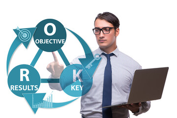 OKR concept with objective key results and businessman