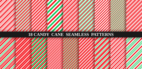 Set of christmas seamless pattern. Candy cane stripe texture. Vector. Holiday candycane background. Red green wrapping paper. Peppermint caramel diagonal print. Classic winter illustration.