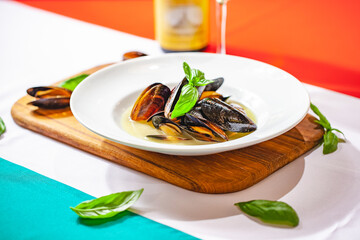 Cooked mussels on white plate. Close up