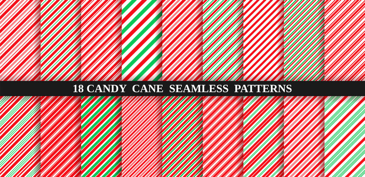 Set Of Christmas Seamless Pattern. Candy Cane Stripe Texture. Vector. Holiday Candycane Background. Red Green Wrapping Paper. Peppermint Caramel Diagonal Print. Classic Winter Illustration.