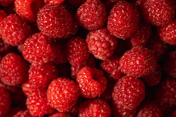 Fresh and sweet organic raspberries background, top view.
