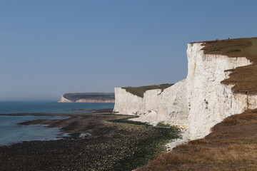 big white rocks by the ocean and blue sky, and green meadows