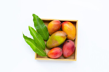 Tropical fruit, Fresh mango in wooden box on white background. Top view
