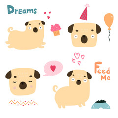 Hand drawn set of cute little cartoon pugs. Doodle illustration for different designs t shirts, wrapping, clothes, covers. Children cartoon colorful sketches.