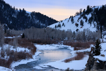 Gros Ventre River at dusk in the Bridger Teton National Forest wilderness area in winter